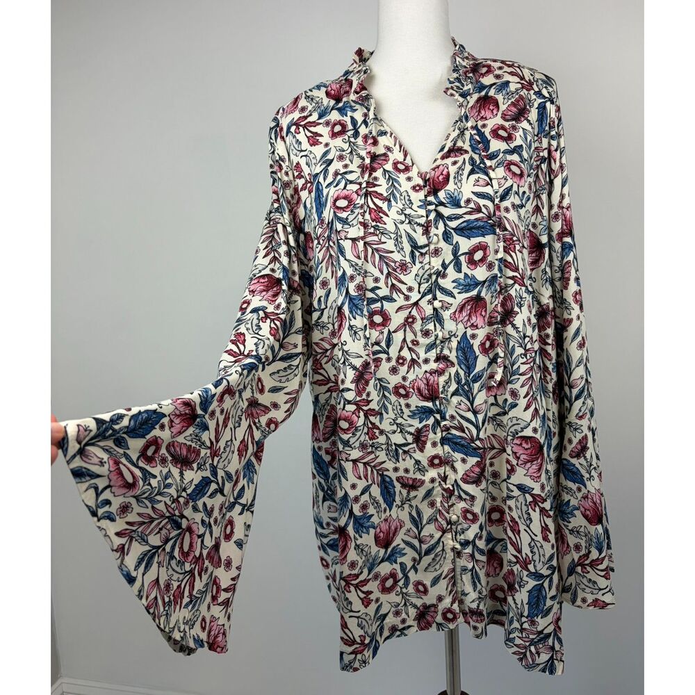 Style & Co Ruffle Trim Floral Boho Button up Blouse Size 3X Bell Sleeve Cottage